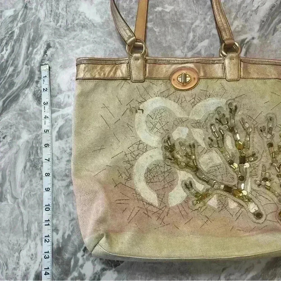 AUTHENTIC COACH 17031 AUDREY CORAL CANVAS TOTE PURSE BAG CREAM PINK VACATION - Picture 4 of 12